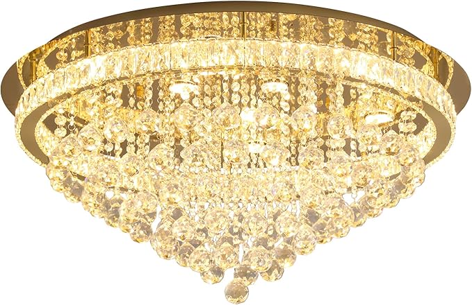 Dia 32" Modern Crystal Chandeliers for Living Room LED Dimmable Raindrop Chandelier Gold Ceiling Pendant Light with Remote Flush Mount Crystal Ceiling Light for Dining Room Bedrooms Foyer