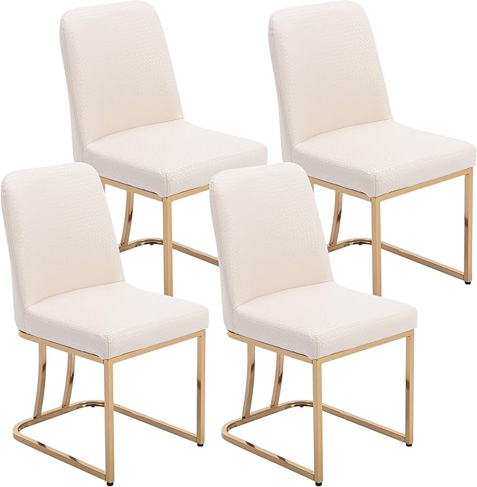 VESCASA Woven Faux Leather Upholstered Dining Chairs with Back, Mid Century Modern Chairs with Gold Metal Frame for Dining Room, Restaurant, Kitchen, Set of 4, Beige