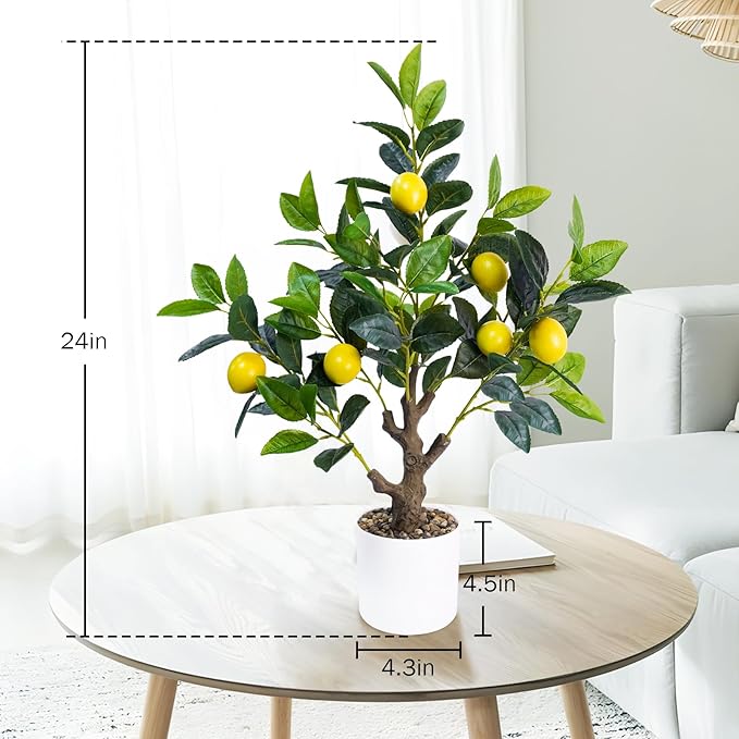 24Inch Fake Lemon Tree, Lemon Decor for Tabletop, Desk, Centerpiece, Home, Kitchen, Living Room, Artificial Potted Plants with White Planter and Stone Cover