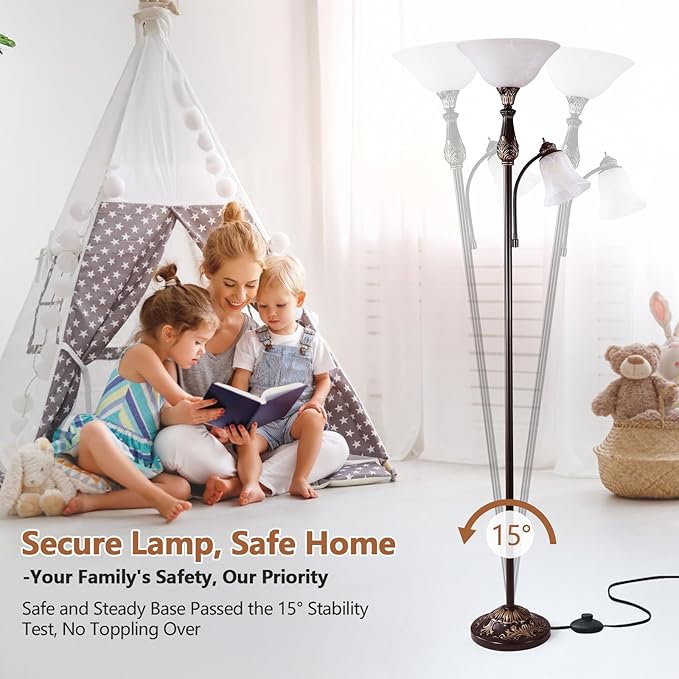 Torchiere Floor Lamps for Living Room & Bedroom, 71" Vintage Victorian Floor lamp with Reading Light, Tall Corner Standing Farmhouse Lamp for with Glass Shade Home Office Decor, Bronze