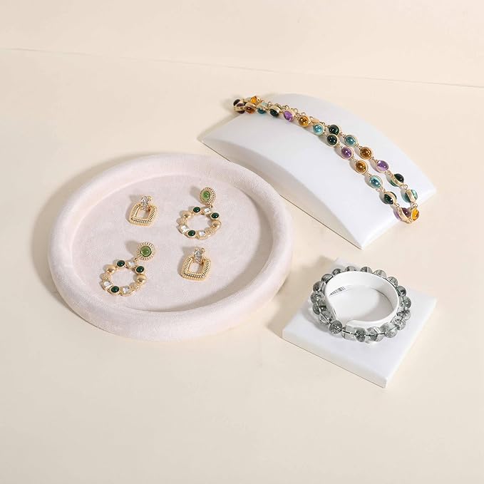 GemeShou Round Jewelry Organizer plate, Top Microfiber velvet Jewerly display tray, Empty Jewelry showcase tray for Necklace Bracelet Ring Earring display stand holder (Cream-Medium, 7.9 x 7.9 in)