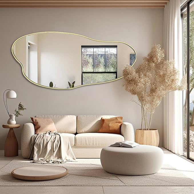 Large Irregular Mirror, 51.1"x25.59" Asymmetrical Mirrors, Abstract Wall Mirror Decorative, Gold Wavy Shaped Mirrors for Living Room Bathroom Bedroom Hallway Entryway Fireplace