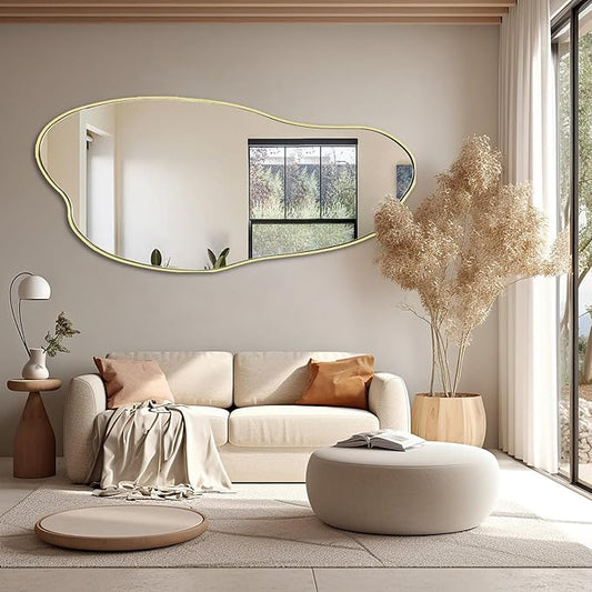 Large Irregular Mirror, 51.1"x25.59" Asymmetrical Mirrors, Abstract Wall Mirror Decorative, Gold Wavy Shaped Mirrors for Living Room Bathroom Bedroom Hallway Entryway Fireplace