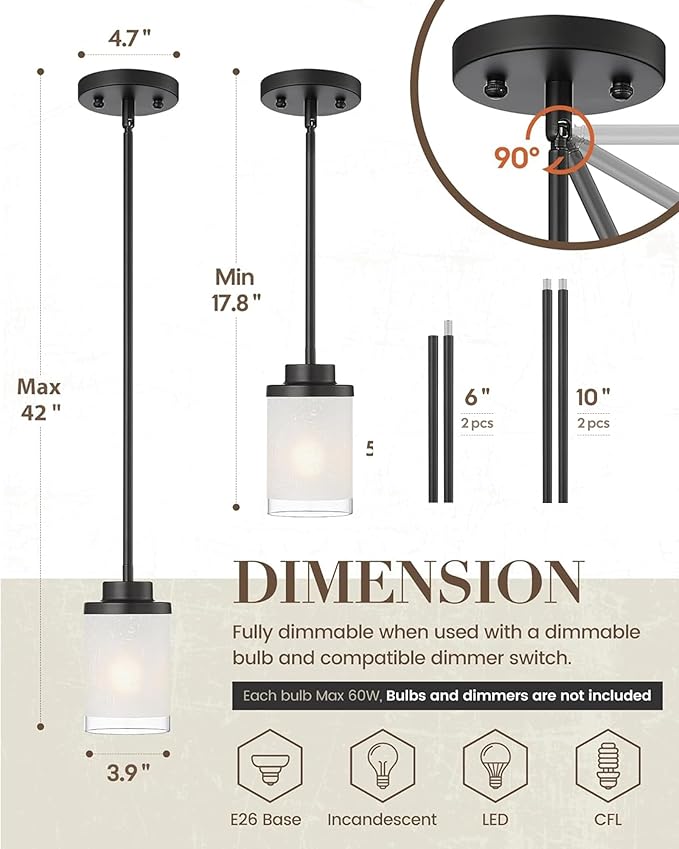 TENGXIN Modern Pendant Light, Matte Black Pendant Lights Kitchen Island,Farmhouse Pendant Lighting for Dining Room Bedroom Bar Office 2Pack,TXPLBK01-2PK
