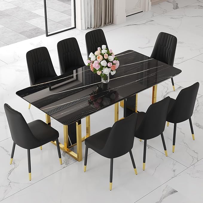 TesNus 79" Black Dining Table Set for 10,Large Faux Marble Top with Gold Metal Base, Rectangular Kitchen Room Set with 10 Black Chairs,Modern Design,Easy Assemble,Stable Base
