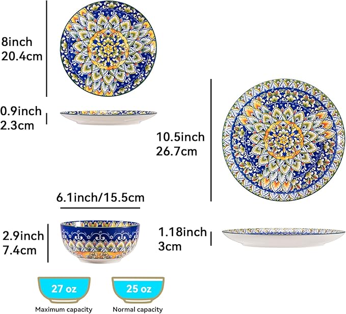 Sweejar Ceramic Dinnerware Sets for 8,24 Pieces Boho Plates and Bowls for Kitchen,Housewaring Gift,Bohemian Style Dish Set,Dishwasher and Microwave Safe(Colorful)