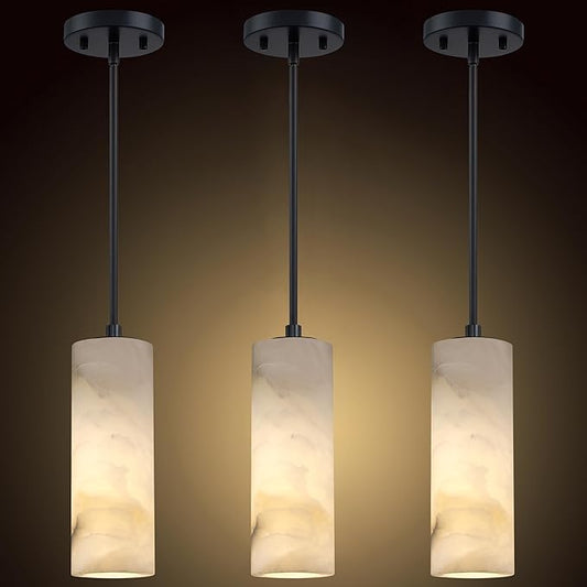 1 Light Modern Industrial Farmhouse Hanging Kitchen Island Pendant Ceiling Light Fixture,Cylinder Natural Alabaster Marble Black Finish Over Sink Restaurant bar Corridor