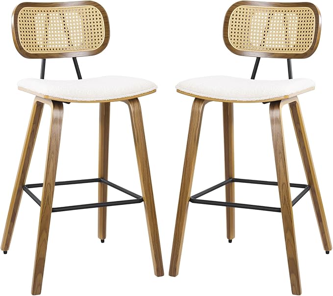Counter Height Bar Stools Set of 2, Mid Century Modern Counter Stools, 26" Wood Kitchen Stool Boucle Fabric Upholstered Barstool with Rattan Back, Counter Height Island Dining Bar Chair, White