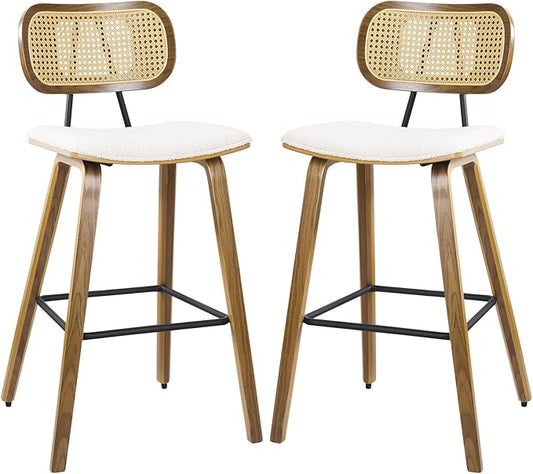 Counter Height Bar Stools Set of 2, Mid Century Modern Counter Stools, 26" Wood Kitchen Stool Boucle Fabric Upholstered Barstool with Rattan Back, Counter Height Island Dining Bar Chair, White