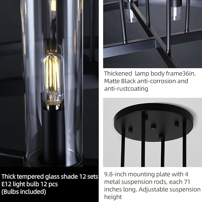 12 Light Black Round Chandelier 36'' Wagon Wheel Chandeliers for Dining Room Light Fixture Clear Glass Tube Chandelier Modern Farmhouse Chandeliers for Living Room Bedroom, Bulb Included