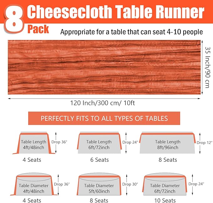 8 Pack 10FT Orange Easter Cheesecloth Table Runner 35x120 Inch Gauze Rustic Wedding Cheese Cloth Table Runners, Romantic Semi Sheer Boho Table Runners for Wedding Bridal Shower Party Decor
