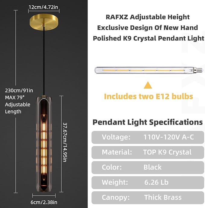 Modern K9 Crystal Kitchen Island Pendant Light,14.95'' Black Long Crystal Pendant Light,1 Light Indoor Crystal Pendant Light, for Kitchen Dining Bathroom Bedroom,Included 2 Bulb