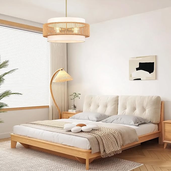 Boho Rattan Chandelier, 19.7" Large Boho Pendant Light with Fabric Lampshade, 4-Light Rattan Light Fixture Ceiling Hanging for Dining Room, Living Room, Bedroom, Kitchen Island, Hallway, Foyer