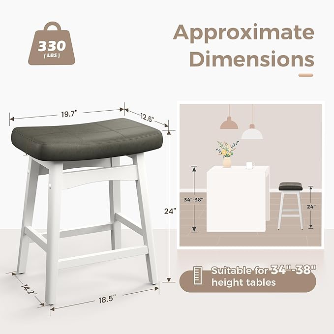 MAISON ARTS White Counter Height Bar Stools Set of 4 for Kitchen Counter Solid Wood Legs with Faux Leather Saddle Seat Farmhouse Barstools for 34"-38" Counter Island Upholstered Stools, 24in Height