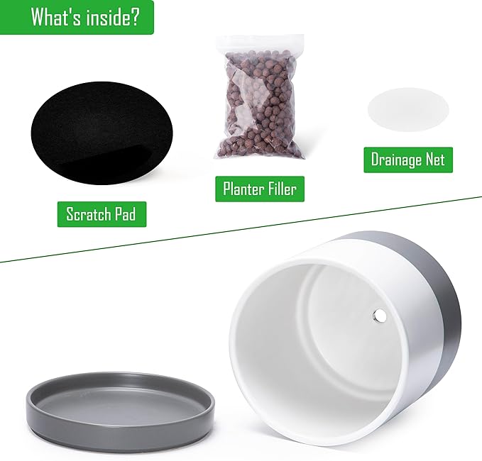 D'vine Dev 10 Inch Ceramic Planter Pot with Drainage Hole and Saucer, Indoor Cylinder Round Planter Pot, White/Speckled Grey, 94-O-E-6