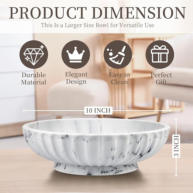 Large Decorative Bowl,Modern Handicraft Bowl for Home Decor,Decorative Fruit Bowl for Kitchen Counter,Key Bowl for Entryway Table - White Marble Design