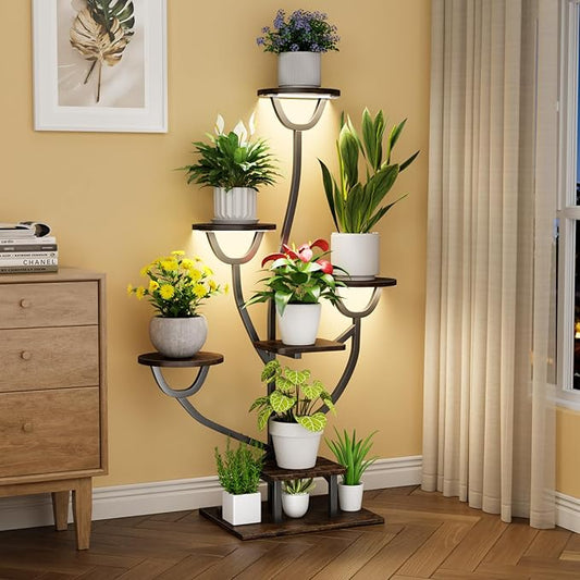 Plant Stand Indoor with Grow Lights - 44.2" Tall Plant Shelf, Lighted Corner Plant Stands for Indoor Growing, 7 Tiered Metal & Wood Plant Holder Display Shelves for Living Room, Patent Design - C4