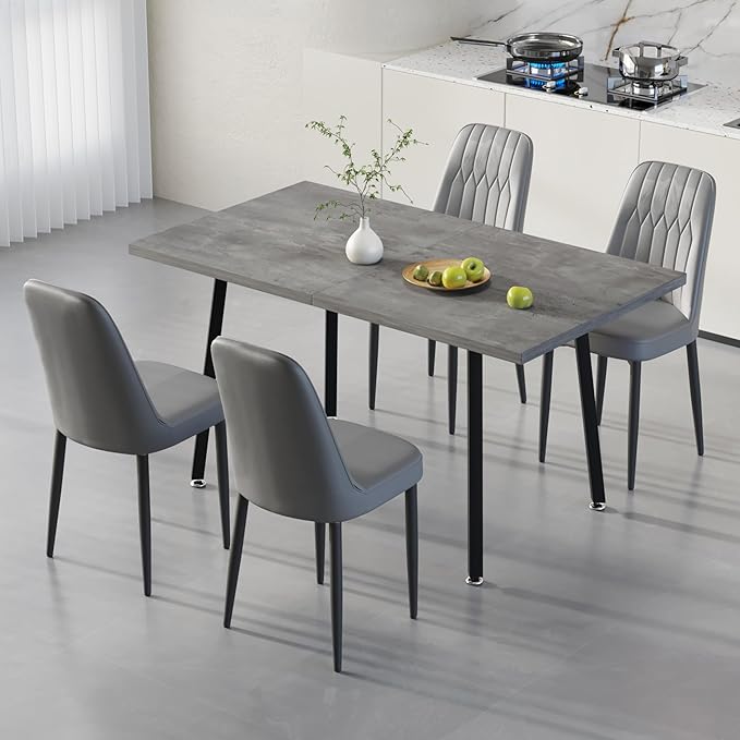 5 Piece Dining Table Set for 4-6,55-71" Extendable Dining Table Set with 4 Upholstered Chairs,Rectangle Kitchen Table Set for Small Space,Dining Room and Office,Grey