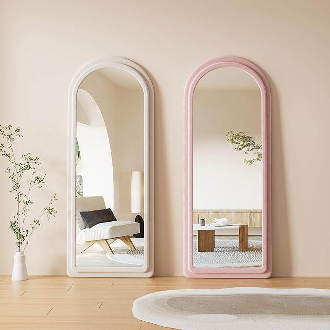 Floor Mirror, Full Length Mirror with Stand, 63"x24" Freestanding Arched Mirror Full Length Hanging or Leaning, Wall Mounted Mirrors with Flannel Frame, Large Mirrors for Bedroom (Pink)