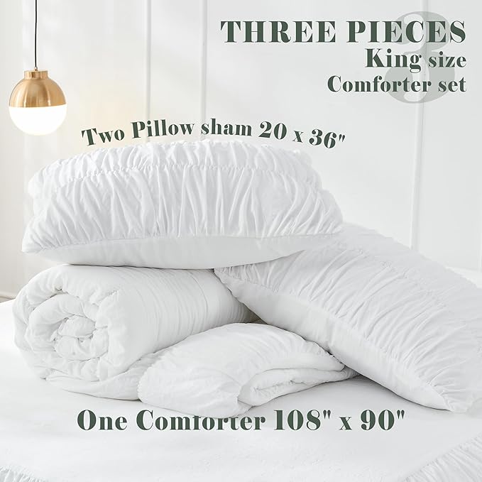 King Size Comforter Set - Ruched White Comforter King Bed Set Boho Shabby Chic Bedding - Fluffy 3 Piece Ruffle Comforter Set with Pillow - Soft and Luxury