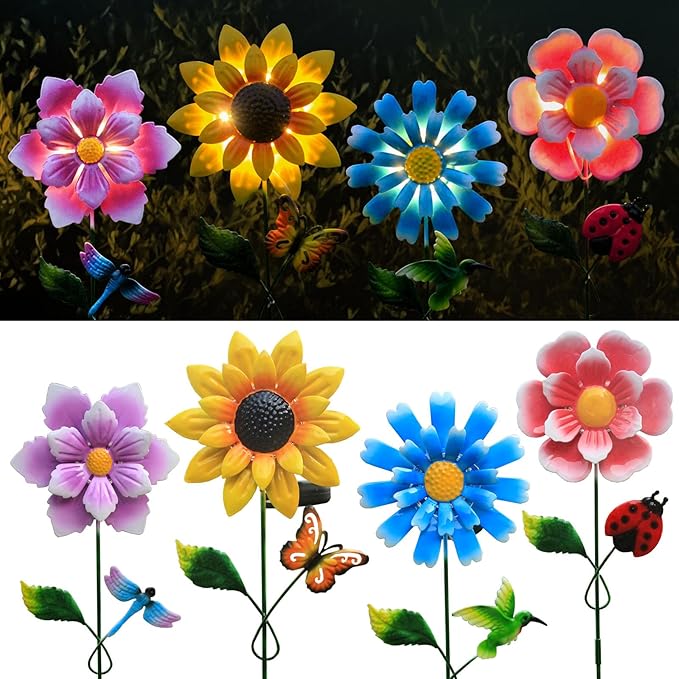 Solar Garden Stake Lights, Metal Flower Design, 4 Pc. Set for Outdoor Decor, Garden, Patio, Pathway