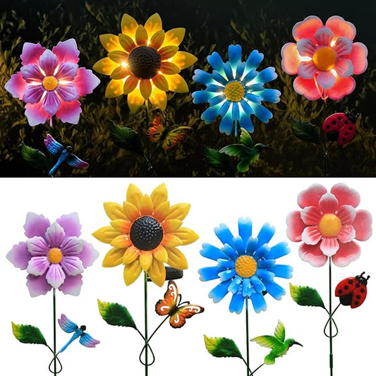 Solar Garden Stake Lights, Metal Flower Design, 4 Pc. Set for Outdoor Decor, Garden, Patio, Pathway