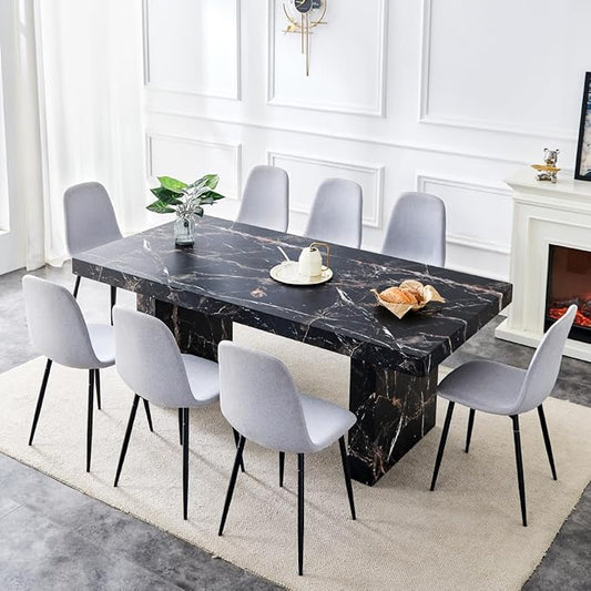 Marble Dining Table Set 79" ｜Modern Dining Table Set with 8 Linen Chairs｜Engineered Wood with Marble Pattern Tabletop｜Widened and Stable Tablelegs｜Easy Assembly
