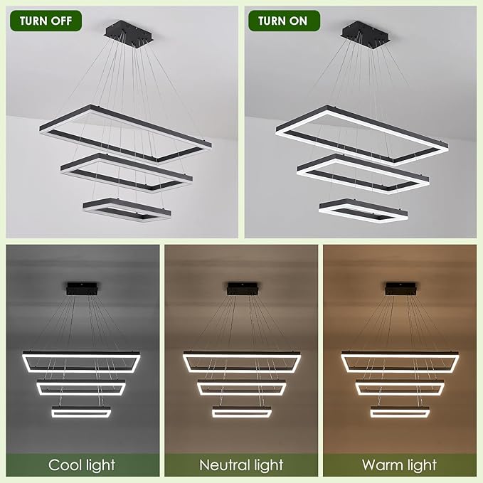 3 Rings Modern LED Chandelier Black 31.5inch Rectangle Dimmable LED Pendant Light with Remote Control 3 Tier Flush Mount High Ceiling Light for Dining Living Room Foyer(3000K-6500K, H71)