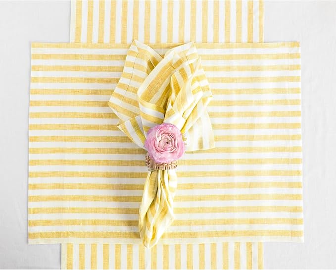 Solino Home Linen Placemats Set of 4 - Amalfi Stripe Primrose Yellow and White Placemats 14 x 19 Inch - 100% Pure Linen Place Mats