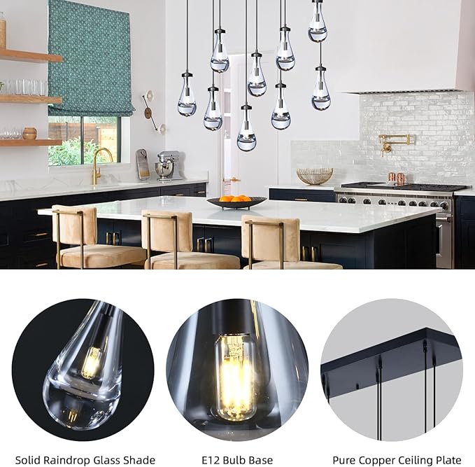 Raindrop 9-Light Chandeliers for Dining Room, Black Dining Room Lights Fixture Over Table, Teardrop Pendant Lights Kitchen Island, Adjustable Rope Hanging Lamp Ceiling for Entryway Foyer