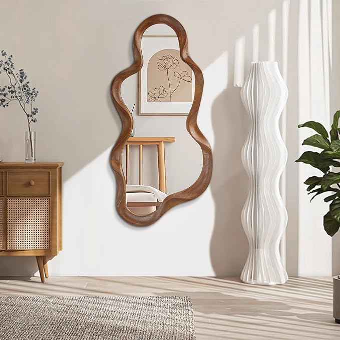 Large Asymmetrical Mirror Irregular Wood Frame Modern Unique Wall Mounted Artistic Wavy Mirrors Decor Bathroom Vanity Bedroom Living Room Entryway Hallway 47"x22"
