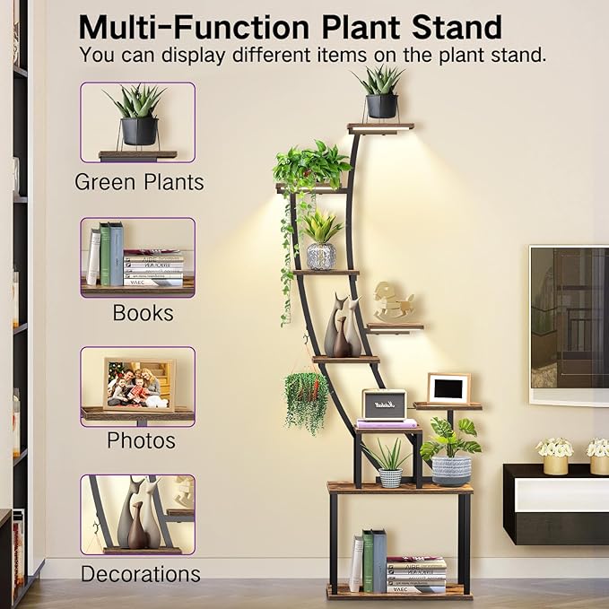 9 Tier 63" Tall Plant Stand Indoor with Grow Lights & Remote Control & Auto Timer, Metal Plant Shelf with Full Spectrum Dimmable Light, Plant Rack Display Shelves for Living Room, Patio