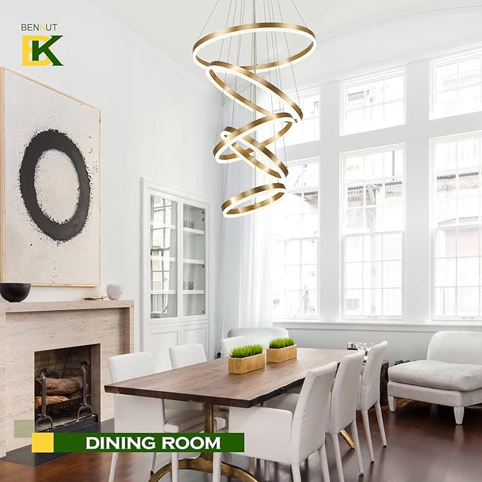 5-Rings Modern LED Chandelier Gold High Ceiling Chandelier with Remote Control Dimmable Pendant Lighting for Dining Room Foyer Living Room Entryway Staircase(3000K-6500K, D23.6’’)