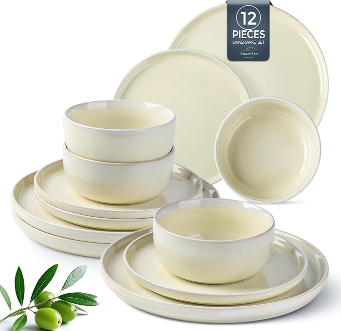 AmorArc Stoneware Dinnerware Sets for 4,Round Reactive Glaze Ceramic Plates and Bowls Set,Highly Scrath Resistant | Dishwasher & Microwave Safe Dishes Set,Service for 4 (12pc)