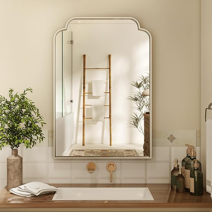 20" x 30" Silver Arch Bathroom Mirror, Wall Mounted Vanity Mirror with Metal Frame, Modern Decorative Scalloped Wall Mirror for Sink, Bedroom, Living Room, Entry, Farmhouse Home