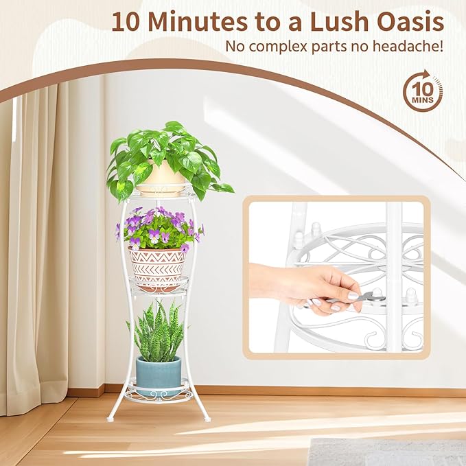 LASZOLA White 3 Tier Tall Plant Stand for Indoor Outdoor, Large Multiple Level Flower Planter Holder Organizer Rack for Patio Office Bathroom Corner Floor, Sturdy Heavy Duty Metal, Vertical Display