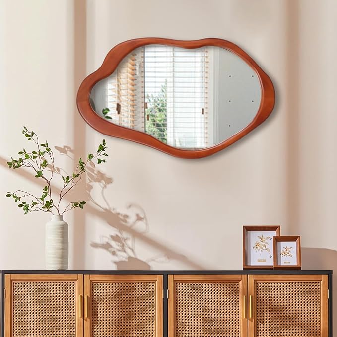 Wavy Mirror with Wood Frame, Modern Decorative Asymmetrical Mirror for Bedroom, Living Room, Entryway (Walnut, 2415)