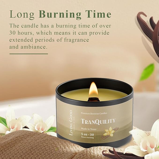Tranquility Pure Beeswax Candle Tin 30+ Hours Long Burning Classically Designed Non-Toxic Scented Candles for Home Decor and Aromatherapy to Stress & Anxiety Relief with Natural Fragrance - 5 oz