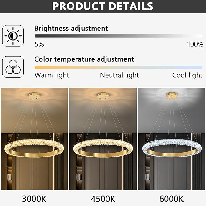 31.5" 1 Ring Crystal Chandelier Modern LED Dimmable Ring Pendant Light Chandelier for Dining Room Living Room Gold