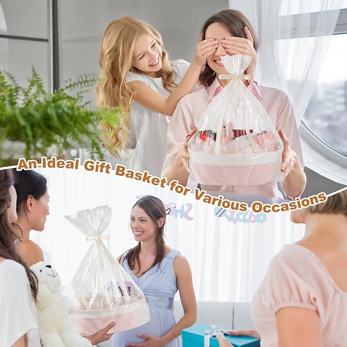 OIAHOMY Gift Basket Empty with Handle, 12"x 8"x 5" Small Woven Basket with Gift Bag, Ribbon and Wrap Tissue Paper, Dog Toy Storage for Organizing - Orange & White