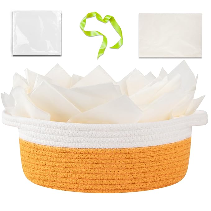 OIAHOMY Gift Basket Empty with Handle, 12"x 8"x 5" Small Woven Basket with Gift Bag, Ribbon and Wrap Tissue Paper, Dog Toy Storage for Organizing - Orange & White