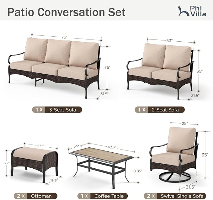 PHI VILLA Extra Large Outdoor Modern Patio Furniture Set, Upgraded Wicker&Metal Patio Furniture Conversation Set with Waterproof Thick Cushions for Porch, Poolside, Deck, and Yard(7 Pieces,Beige)