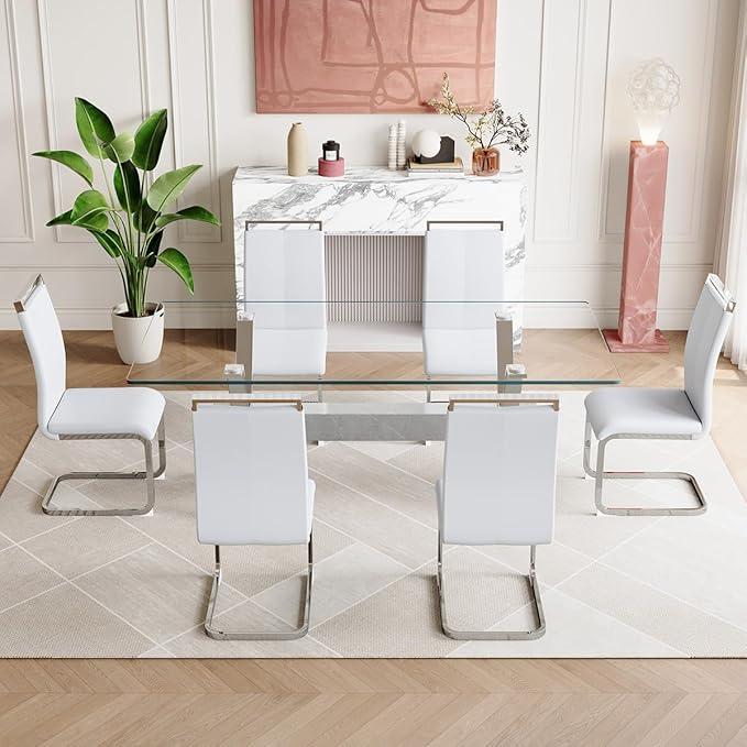 7 Piece Glass Dining Table Set, Kitchen Table Chairs Set for 6, 71'' Dining Table with 0.4" Tempered Glass Tabletop with Plated Metal Legs and MDF Crossbar, 6 PU Chairs for Dining Room, Kitchen.