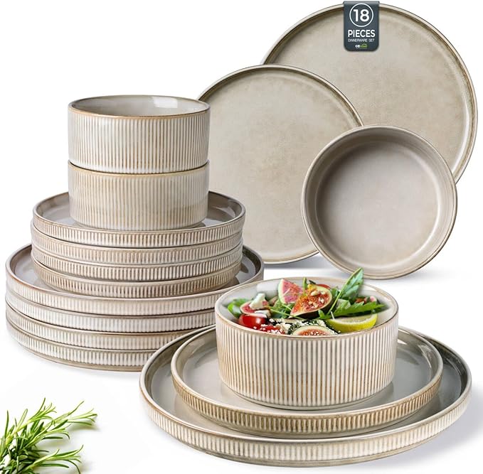 GBHOME Stoneware Dinnerware Sets for 6,Round Reactive Glaze Ceramic Plates and Bowls Set,Highly Scratch Resistant | Dishwasher & Microwave Safe Dishes Set,Service for 6(18Pcs)