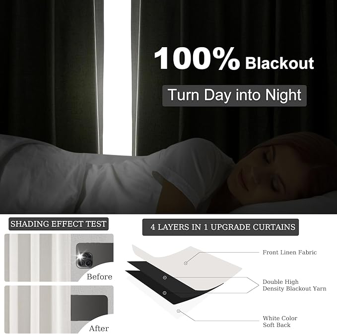 Topfinel 102 Inches Long Custom Blackout Linen Curtains, Pinch Pleated Noise Cancelling Curtains with Pin Hooks for Traverse Rods, Burlap Viral Drapes 2 Panels for Living Room Master Bedroom