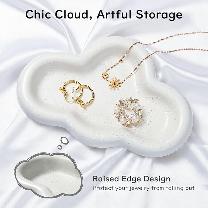Ceramic Jewelry Tray, Cloud Trinket Dish for Necklace, Bracelet, Earrings, Perfume, Vanity, Key Bowl, Cute Ring Holder for Home Room Decor Aesthetic, Matte White