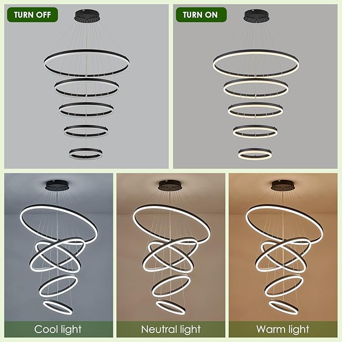 5 Rings D31.5 Modern LED Chandelier Black Large Dimmable Circular High Ceiling Chandeliers with Remote Control for Foyer Dining Room Living Room Staircase Villa, 3000K-6500K CCT