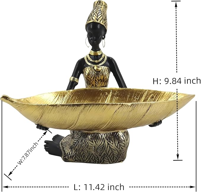 African Sitting Woman Leaf Bowl Statue – Tribal Resin Figurine for Candy Dish, Key Holder, Vanity Tray, African Decor Gift
