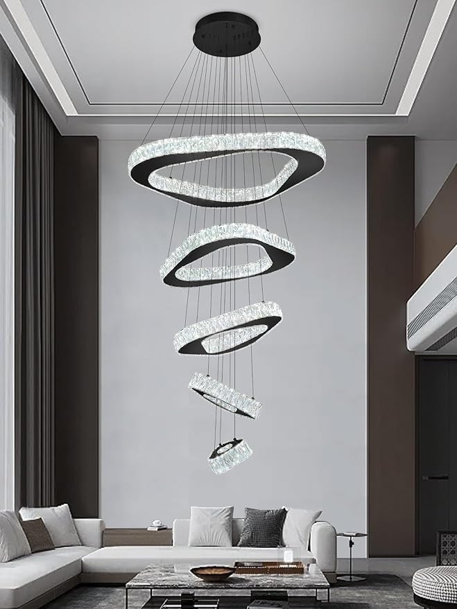 Large Modern Chandelier 5 Ring Chandeliers for High Ceiling Dimmable Black Chandelier High Ceiling Foyer Chandeliers for Living Room Dining Room Staircase