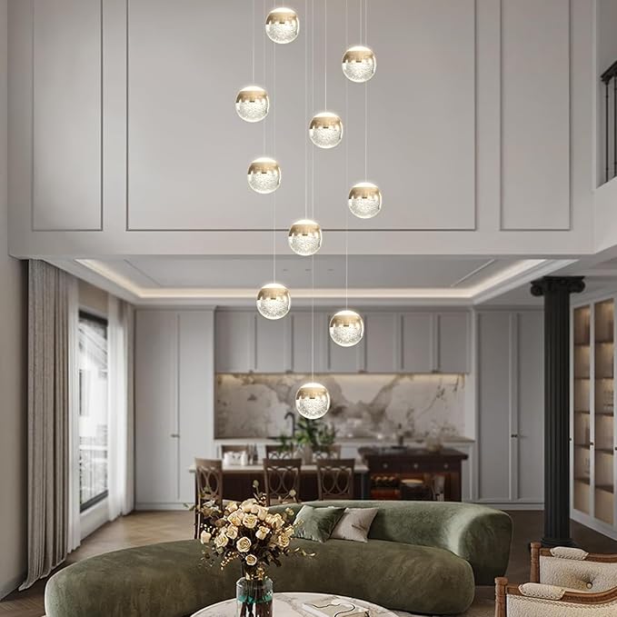 LED Staircase Chandelier Crystal Globe Pendant Light Gold Large Chandeliers for High Ceiling,10-Lights Hanging Flush Mount Lighting Fixtures for Foyer,Entryway,Living Room